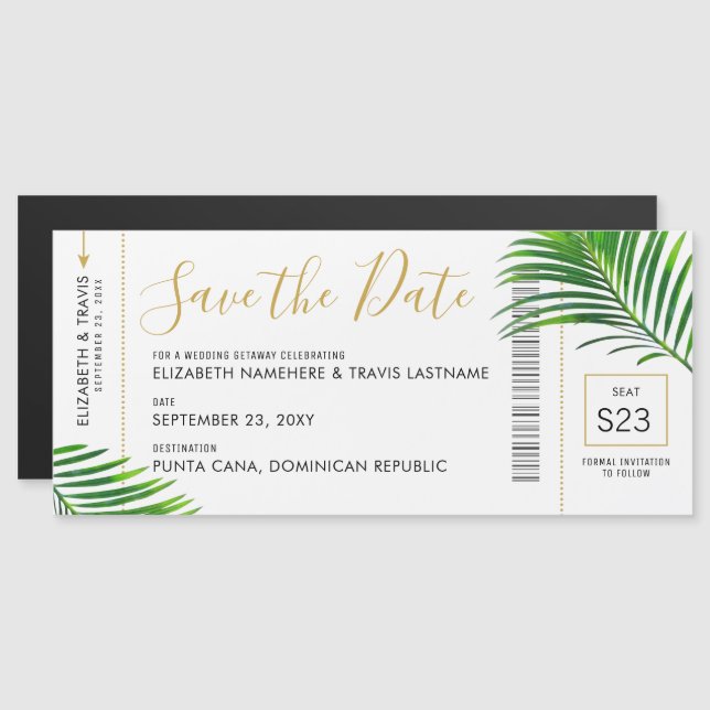 Tropical Destination Palm Boarding Pass Save Date Magnetic Invitation (Front/Back)