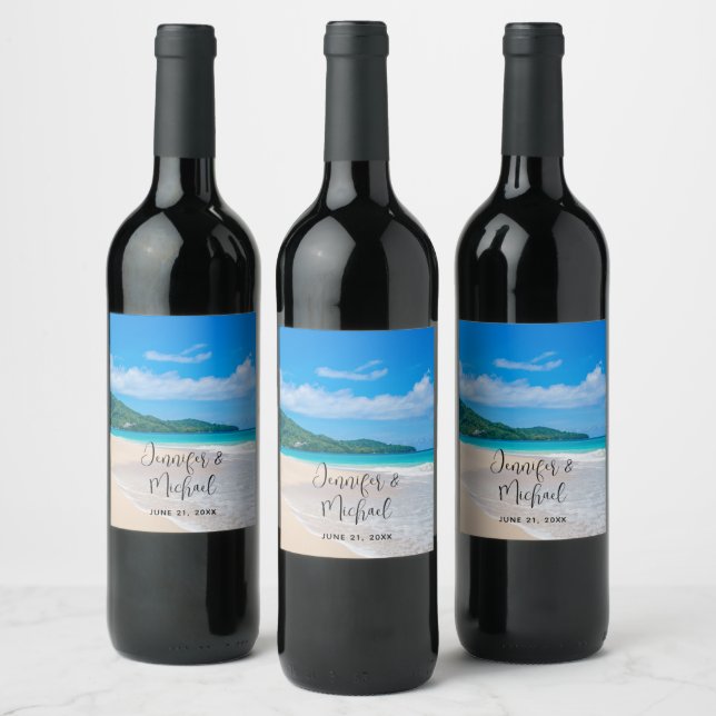 Tropical Destination Scenic Beach Photo Wedding Wine Label (Bottles)