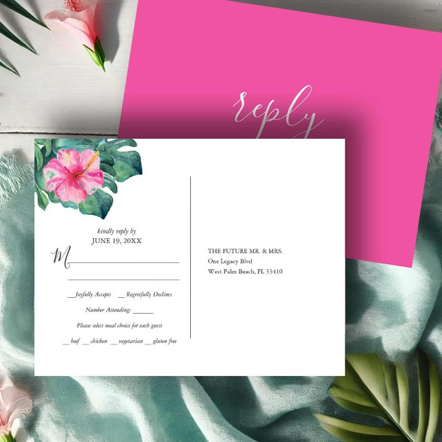 Tropical Destination Wedding Meal Choice RSVP Postcard (RSVP postcard vibrant pink tropical hibiscus flowers watercolor Victoria Grigaliunas Do Tell A Belle)
