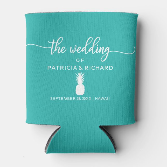 Tropical Destination Wedding Pineapple Teal Can Cooler (Front)