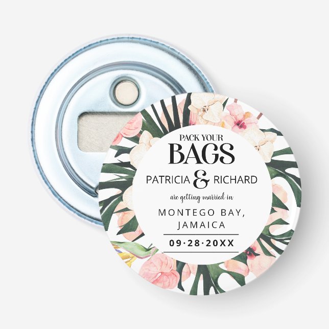 Tropical Destination Wedding Save The Date Bottle Opener (Front)