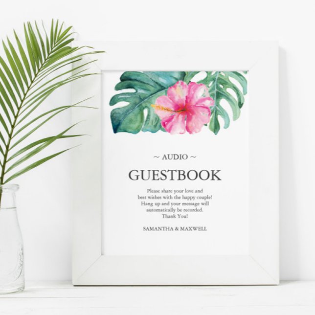 Tropical Destination Wedding Telephone Guestbook (Tropical destination wedding decor feature pink hibiscus flower palm leaf art Victoria Grigaliunas)