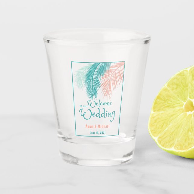 Tropical Destination Wedding Welcome Shot Glass (Front)