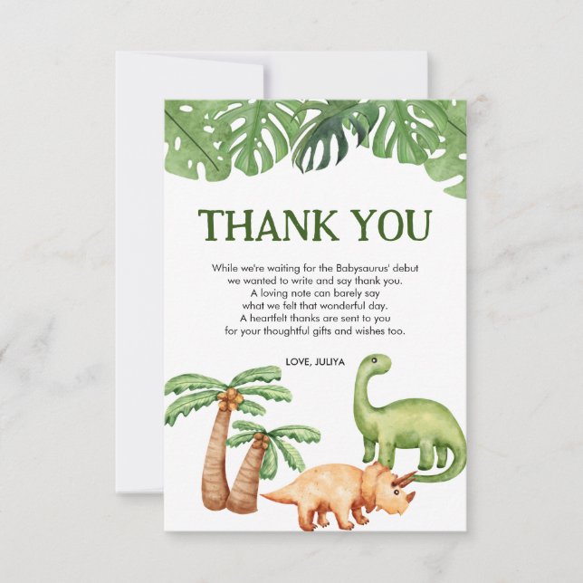 Tropical Dinosaur Boy Baby Shower Thank You Card (Front)