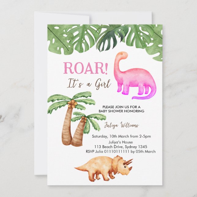 Tropical Dinosaur girl Baby Shower Invitation (Front)