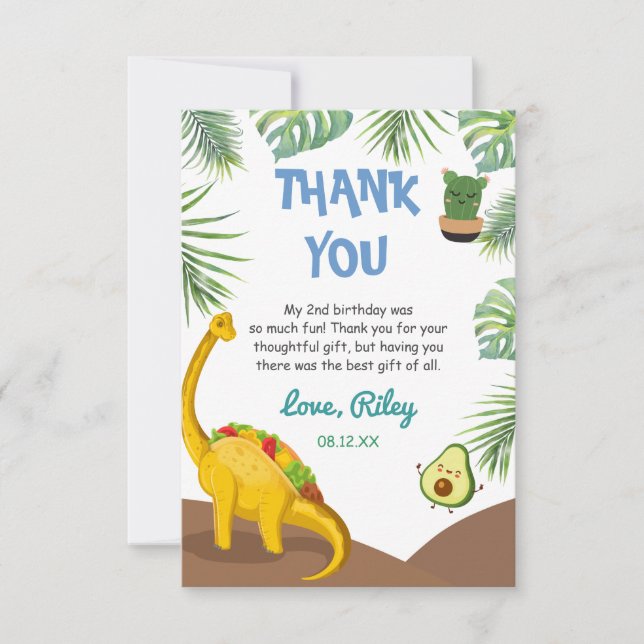Tropical Dinosaur Tacos Tacosaurus Party Birthday Thank You Card (Front)
