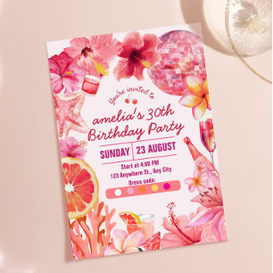 Tropical Disco Birthday Summer Pink Party Birthday Invitation