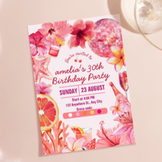 Tropical Disco Birthday Summer Pink Party Birthday Invitation