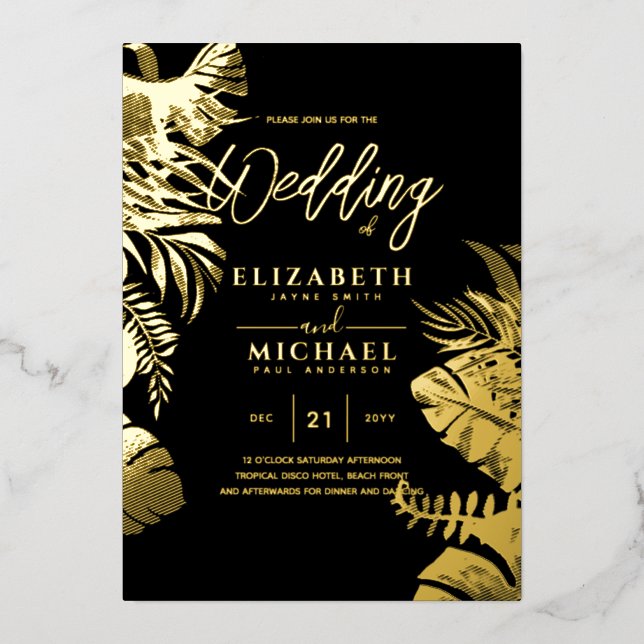 Tropical Disco Wedding Invitation Gold Black Foil  (Front)