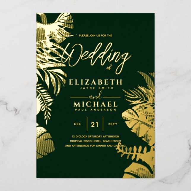 Tropical Disco Wedding Invitation Gold GREEN Foil  (Front)