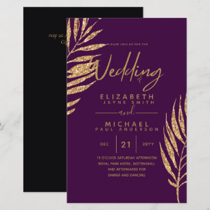 Tropical Disco Wedding Invitation Gold Leaves