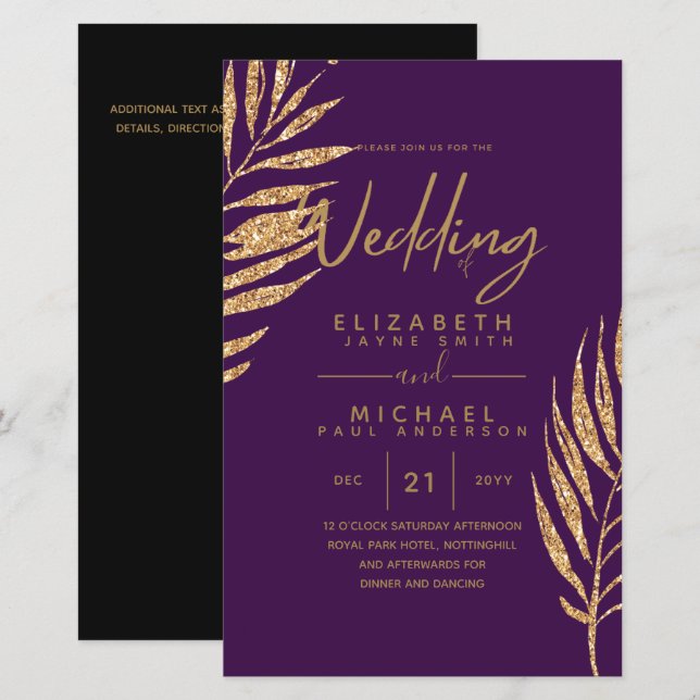 Tropical Disco Wedding Invitation Gold Leaves (Front/Back)