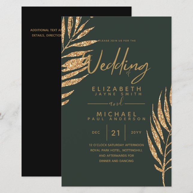 Tropical Disco Wedding Invitation Gold Leaves (Front/Back)