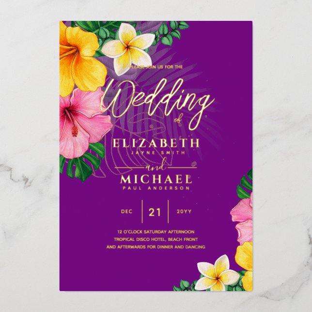Tropical Disco Wedding Invitation Gold Magenta  (Front)