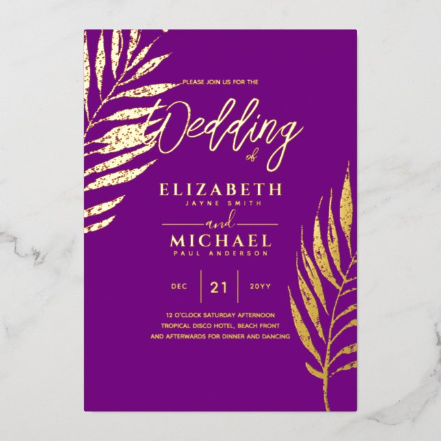 Tropical Disco Wedding Invitation Gold Magenta (Front)