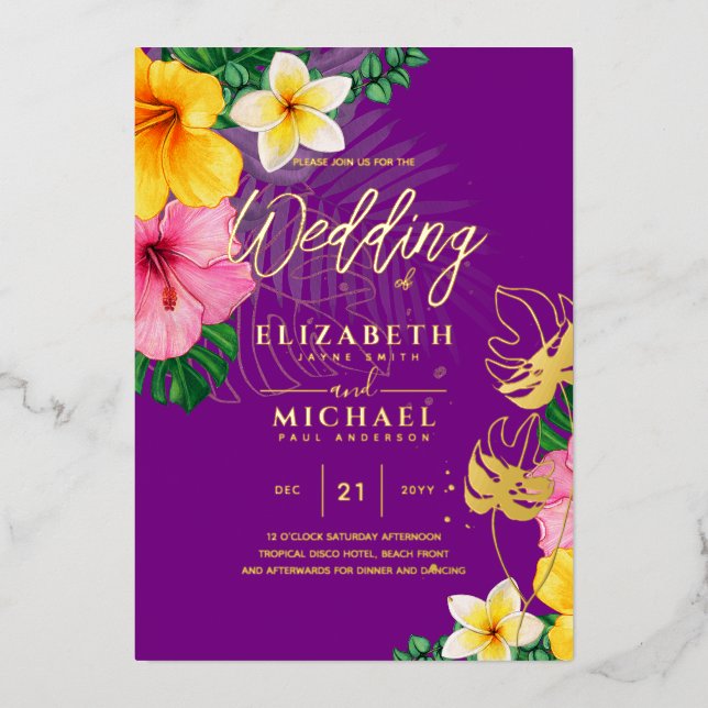 Tropical Disco Wedding Invitation Gold Magenta  Fo (Front)