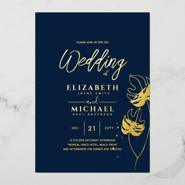 Tropical Disco Wedding Invitation Gold NAVY Blue F (Front)