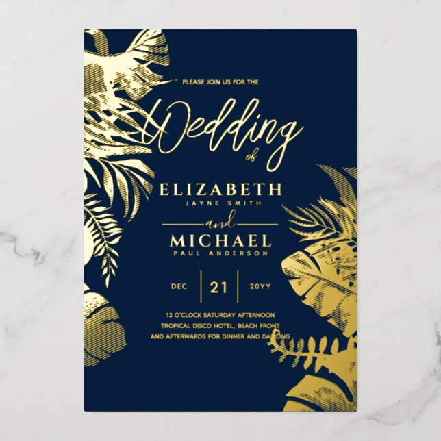 Tropical Disco Wedding Invitation Gold NAVY Blue F (Front)