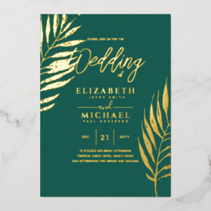 Tropical Disco Wedding Invitation Gold Teal Green