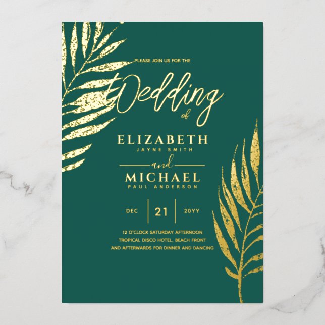 Tropical Disco Wedding Invitation Gold Teal Green (Front)