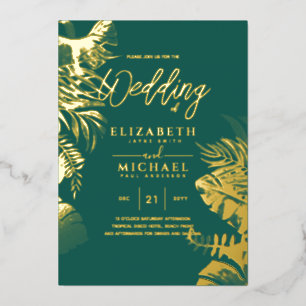 Tropical Disco Wedding Invitation Gold Teal Green