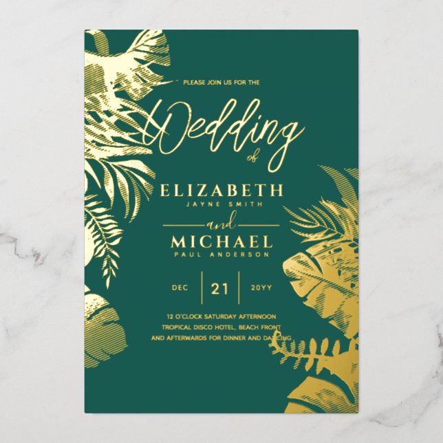 Tropical Disco Wedding Invitation Gold Teal Green  (Front)