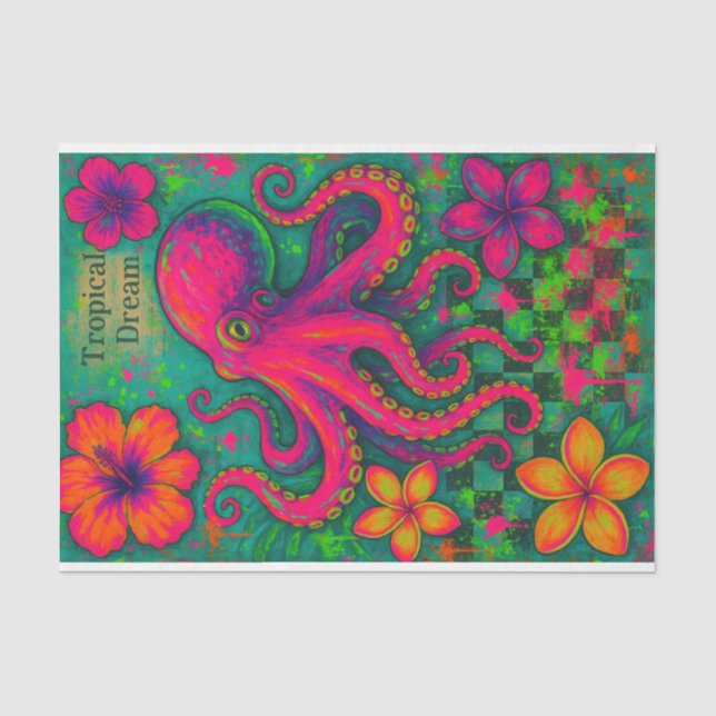 Tropical Dream – Neon Octopus Decoupage Paper |  (Front)