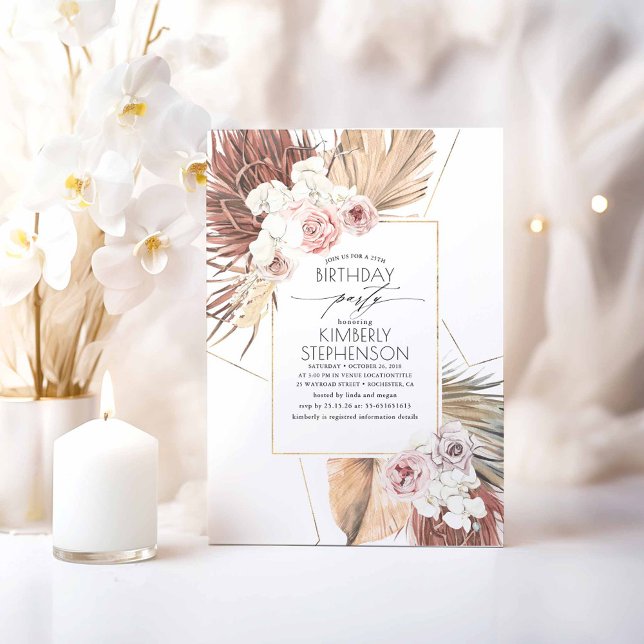 Tropical Dried Palm Leaves Foliage Birthday Invitation (White Orchids Boho Birthday Invitations)