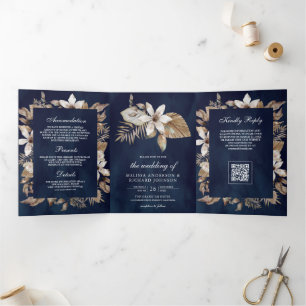 Tropical Dried Palm Leaves Navy QR Code Wedding Tri-Fold Invitation
