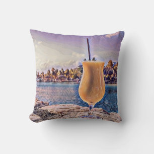Tropical drink on coast near a beach watercolor cushion