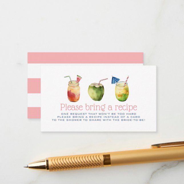Tropical Drinks Bridal Shower Pink Recipe Request Enclosure Card (Front/Back In Situ)