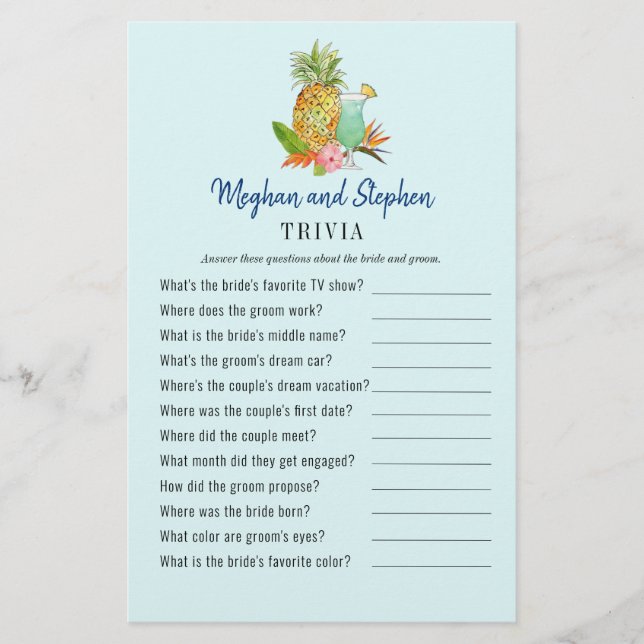 Tropical drinks Couple's Shower Trivia games (Front)