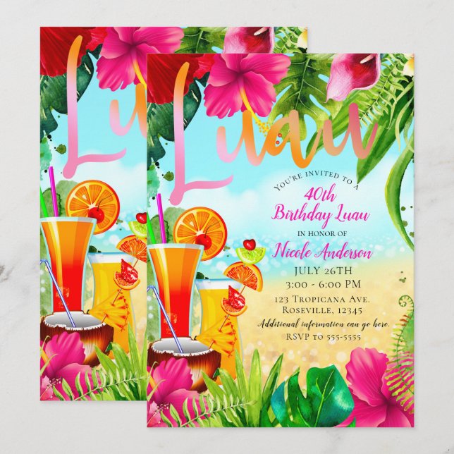 Tropical Drinks & Flowers Summer Birthday Party Invitation (Front/Back)