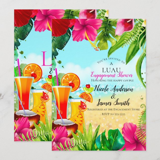 Tropical Drinks & Flowers Summer Luau Engagement Invitation (Front/Back)