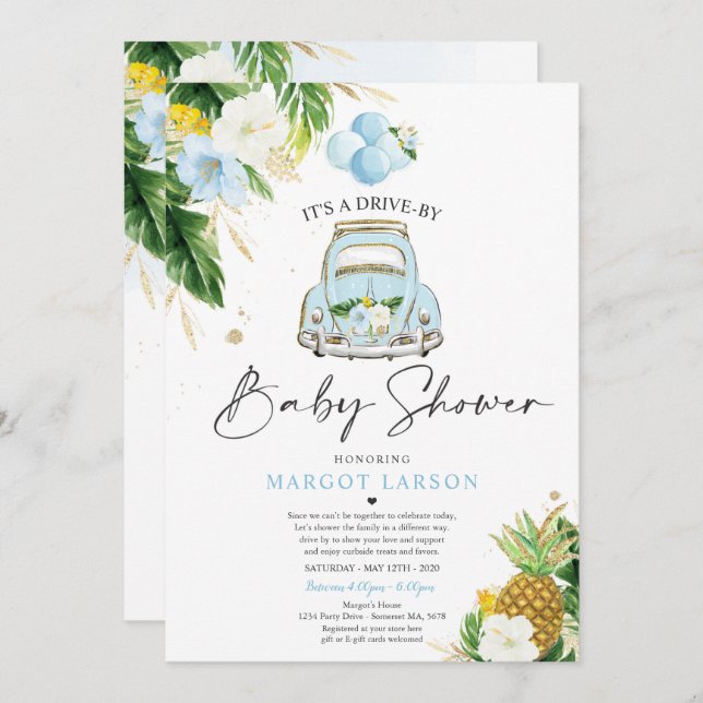 Tropical Drive By Baby Shower Pineapple Drive Thru Invitation (Front/Back)