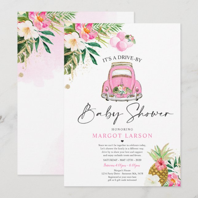 Tropical Drive By Baby Shower Pineapple Drive Thru Invitation (Front/Back)