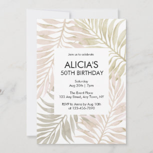 Tropical Dry Palm Leaf Boho Watercolor Birthday Invitation
