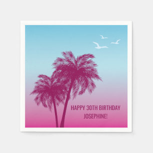 Tropical Dusk With Pink Palm Trees Happy Birthday Napkin