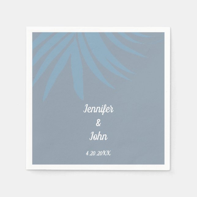 Tropical Dusty Blue Palm Leaf Beach Wedding Napkin (Front)
