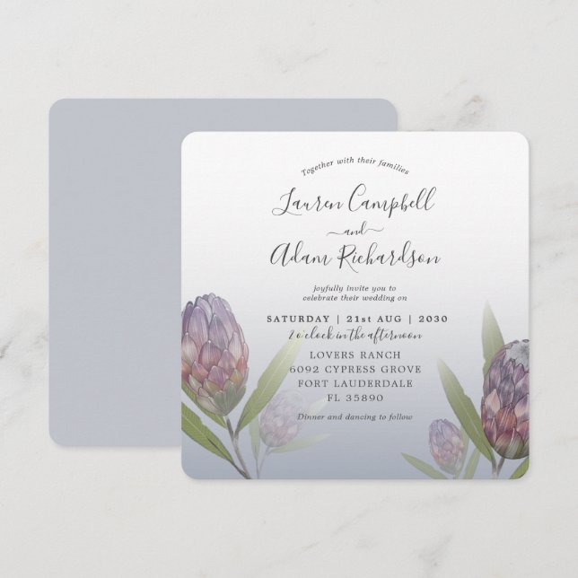Tropical Dusty Blue & Purple Floral Wedding Invitation (Front/Back)