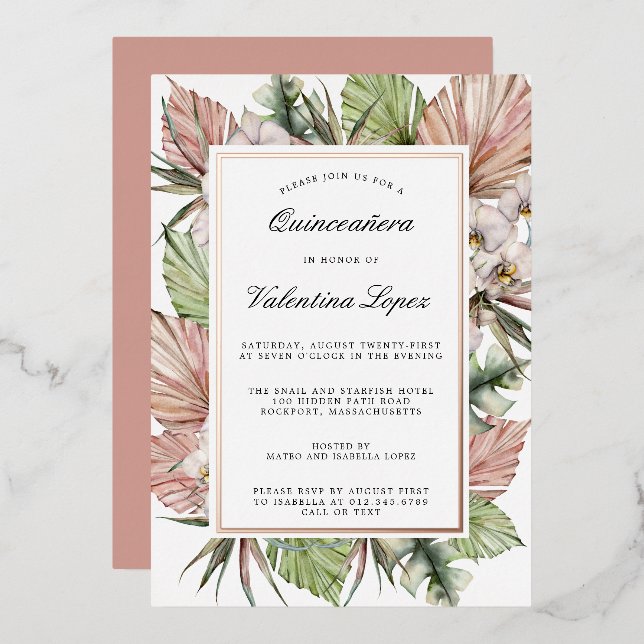 Tropical Dusty Pink White Floral Quinceanera Gold (Front/Back)