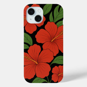 Tropical Elegance Red Hibiscus on Black iPhone 15 Case