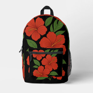 Tropical Elegance Red Hibiscus on Black Printed Backpack