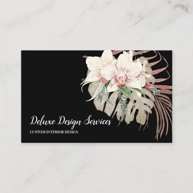 Tropical Elegant Floral Orchid Foliage Greenery Business Card (Front)