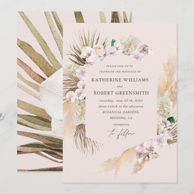 Tropical elegant floral Wedding Invitation (Front/Back)