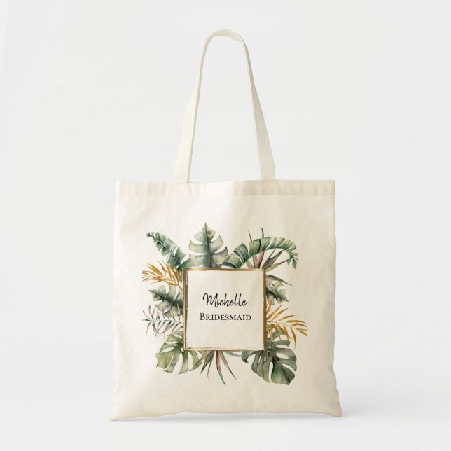 Tropical Elegant Green Gold Palms Bridesmaid favou Tote Bag (Front)