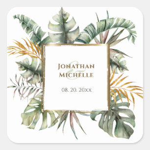 Tropical Elegant Green Gold Palms Wedding Square Sticker