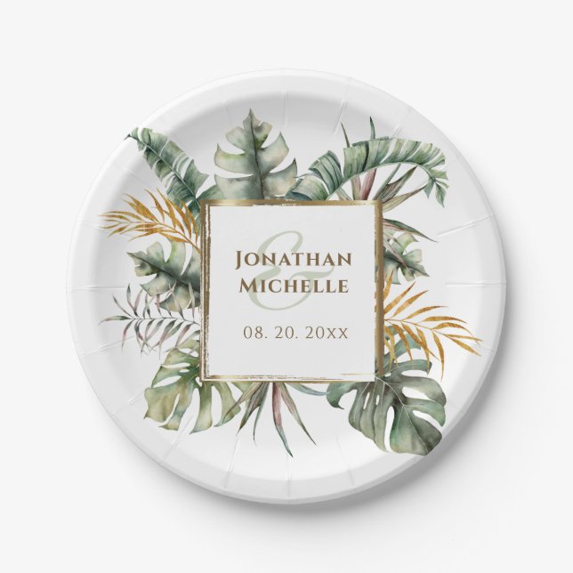 Tropical Elegant Green Palms Gold Frame Wedding Paper Plate (Front)