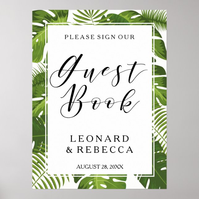 Tropical Elegant leaves Guestbook wedding sign (Front)