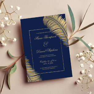 Tropical elegant navy blue gold foliage wedding invitation